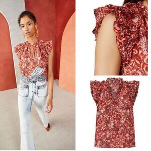 Ulla Johnson Rina Top in Coral Red Floral Ruffle‎ Sleeve Size 2 Peasant Cottage